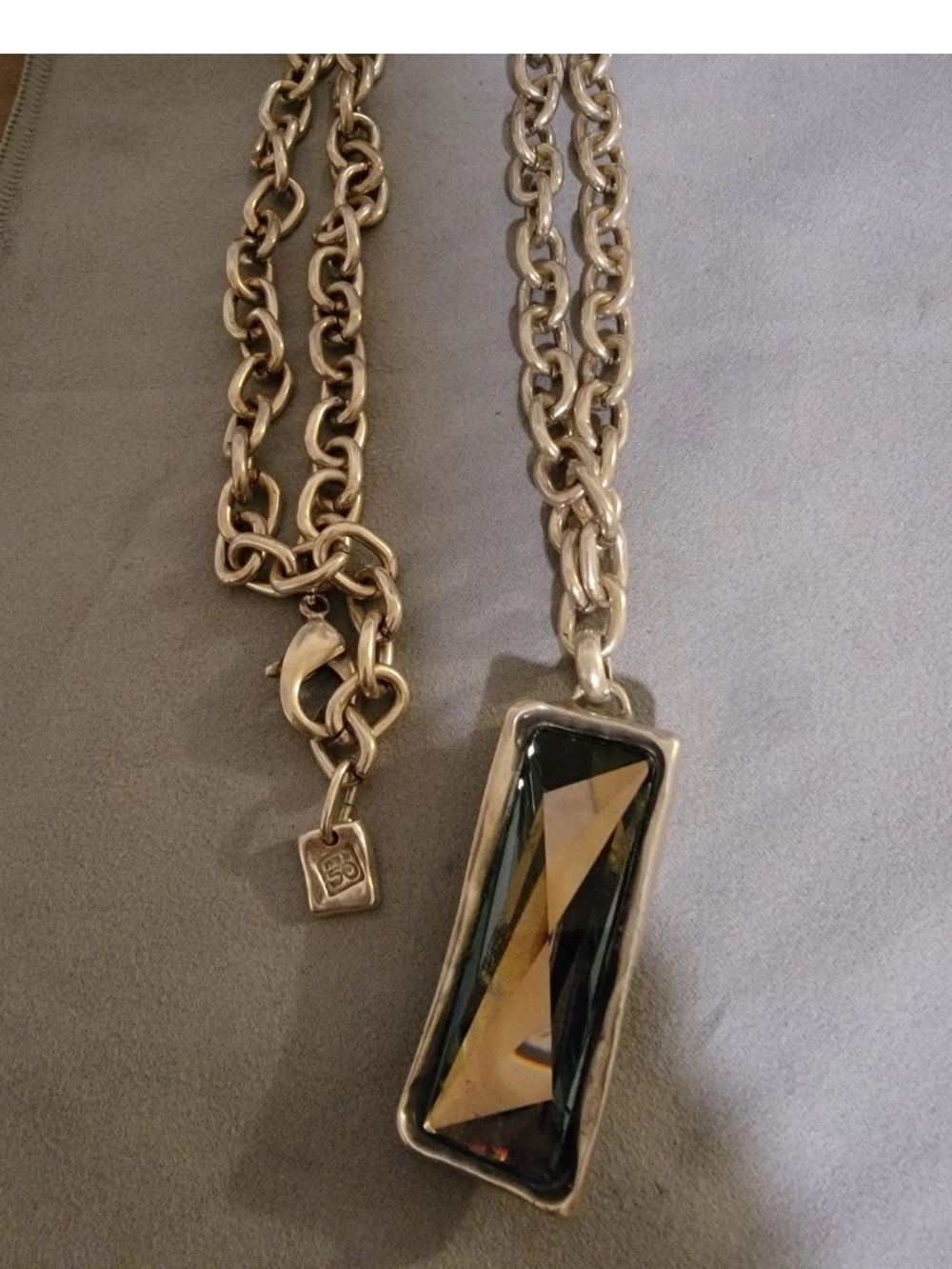 Uno de 50 Heavy Long Chain Necklace w/Rectangular Swarovski Blue Crystal Pendant